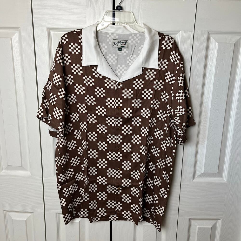 Bogey Boys Big Check Button Up Golf Shirt Brown White Large